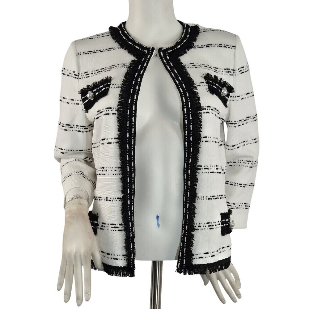 Ming Wang Women's Size XS Striped Blazer Jacket Black White ¾ Sleeve (42)